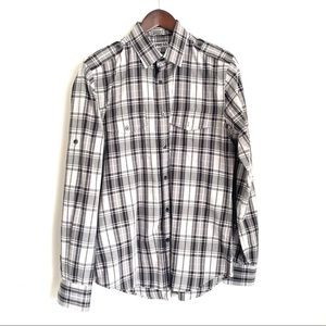 EXPRESS Mens Medium 15-15.5 Fitted Black Gray Plaid Long Sleeve Button Up Y6